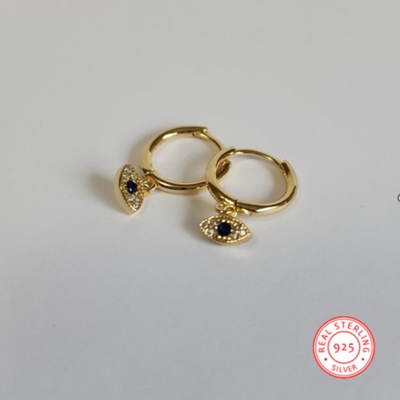 18K Yellow Gold Plated 925 Sterling Silver Eye Huggies Earrings - Picture 3 of 10